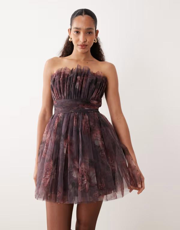 スピード競技 アンド ビーズ レディース トップス 衣装 チュール 御花柄 ミニ 御花 Lace \u0026 Beads tulle waistbandeau mini dress インチ plum floral Plum 酸桃