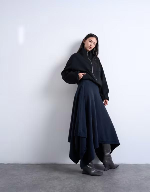 とっ始め販売店 レディース 下つ方スコート ドレープ 編み物 Topshop knit draped skirt NAVY 米国海軍