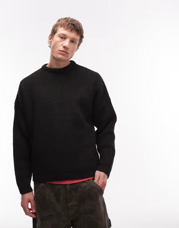 エイソス メンズ アウター 編み物・スウェーター ASOS DESIGN super oversized boxy fit knit fisherman rib sweater Black 黒いこと トップス-メンズファッション-ニット・セーター