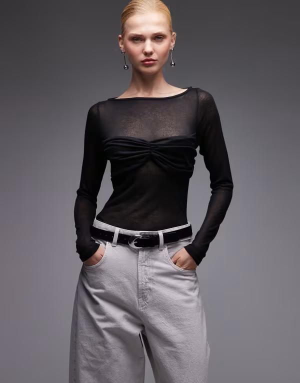 エイソス レディース トップス Tシャツ セミシアー ギャザー オーバーレイ シアー ニット ASOS DESIGN knit-look semi sheer long sleeve top with ruched bust overlay Black ブラック