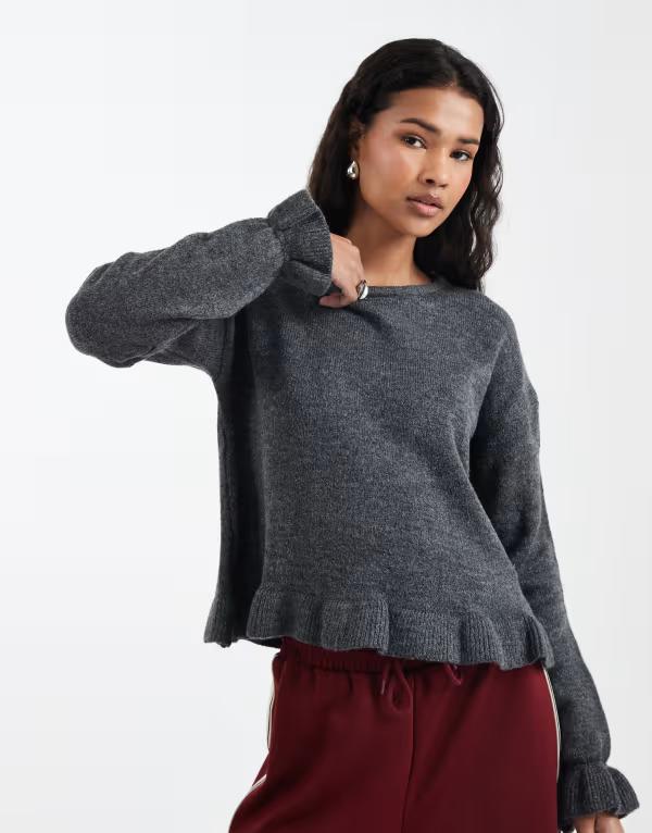 エイソス レディース アウター ニット・セーター フリル裾 フリル ASOS DESIGN knit ruffle hem sweater Gray グレー