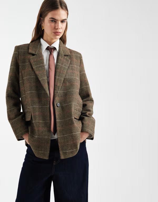 オンリー レディース アウター ジャケット・ブルゾン コート ブレザー ONLY plaid blazer coat in light BROWN ブラウン|ReVida 店