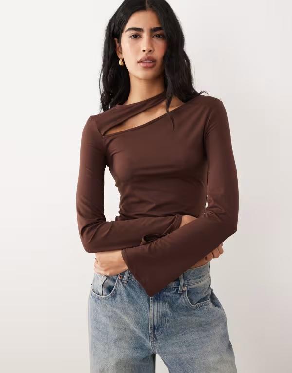 エイソス レディース トップス プルオーバー カットアウト 綿織物 ASOS DESIGN cotton touch long sleeve top with cut out detail インチ chocolate 黒茶