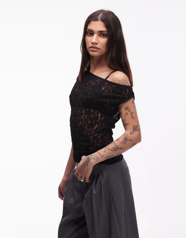 エイソス レディース トップス シャツ ギャザー レース ASOS DESIGN lace one shoulderuchedetail top Black ブラック
