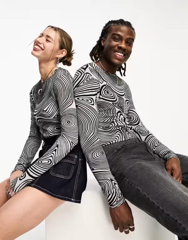 コルージョン レディース トップス シャツ プリント COLLUSION Unisex long sleeve swirl printop BLUE ブルー