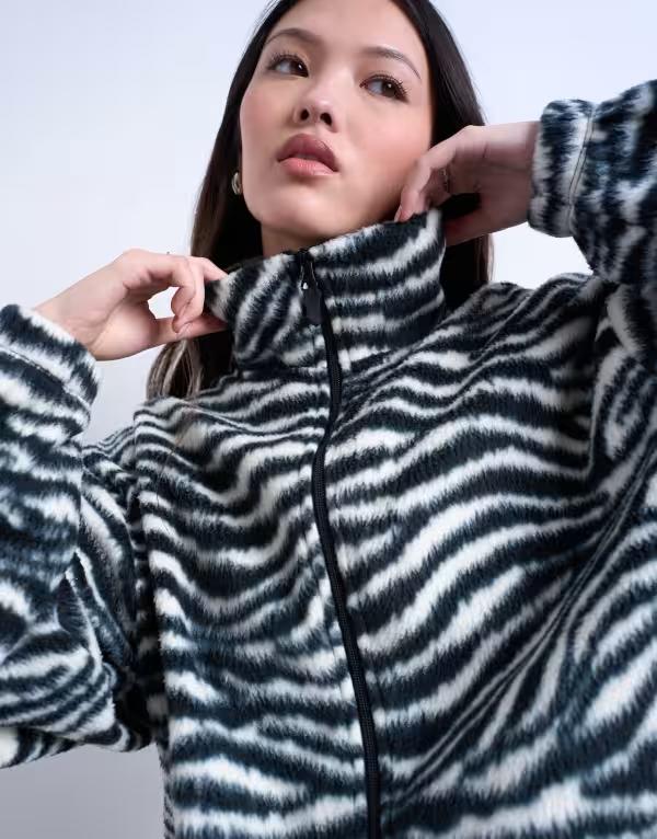 とっ始め販売店 レディース アウター パーカー・スウェット 刷り上げる モノクロ フリース Topshop borg zebra print zip up fleece インチ monochrome Black 黒いこと
