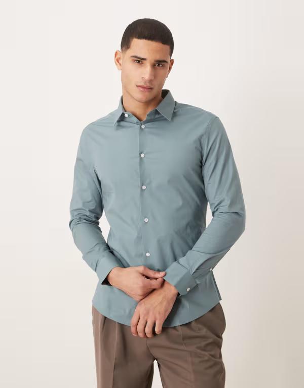 エイソス メンズ トップス シャツ ASOS DESIGN skinny stretch work shirt BLUE ブルー