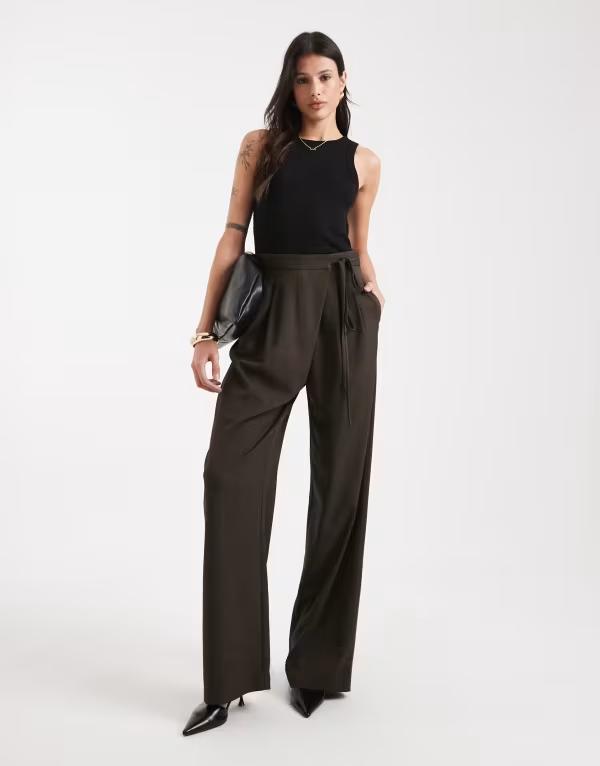 エイソス レディース ボトムス 心地好いズボン下 ワイドレッグ タイ王国科目 トール ASOS DESIGN Tall tailored wide leg pants with wrap tie detail herringbone Brown 赤銅色