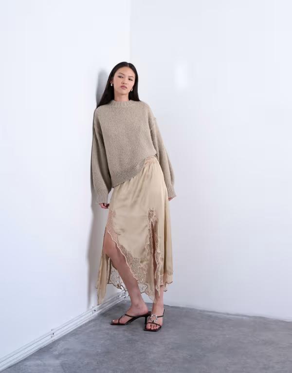 トップショップ レディース ボトムスカート ミディ サテン レース Topshop satin and lace mix hanky hemidi skirt in taupe トープ