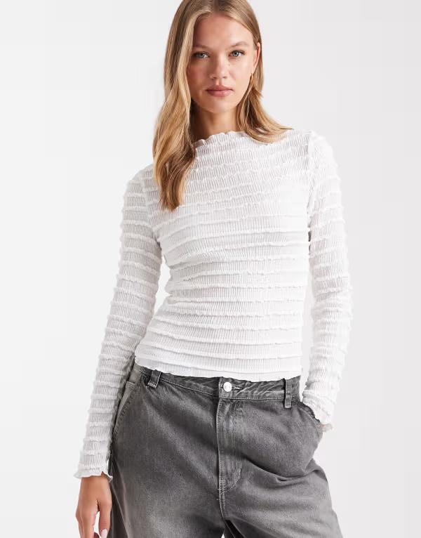 ピーシーズ レディース トップス ティーシャツ ティーシャツ Pieces bubble textured long sleeve jersey top Bright White 白いこと Tシャツ・カットソー-トップス-レディースファッション