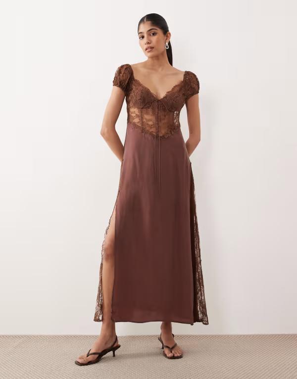 フォーラブアンドレモン レディース トップス ワンピース オープンバック シフォン レース マキシ For Love & Lemons Casey chiffon and lace open back maxi dress in chocolate チョコレート
