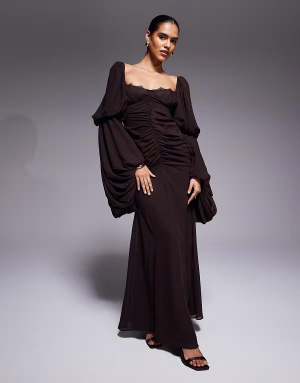 エイソス レディース トップス 衣装 ドレープ マキシ ASOS DESIGN exaggerated sleeves drape front maxi dress with godets インチ chocolate 黒茶