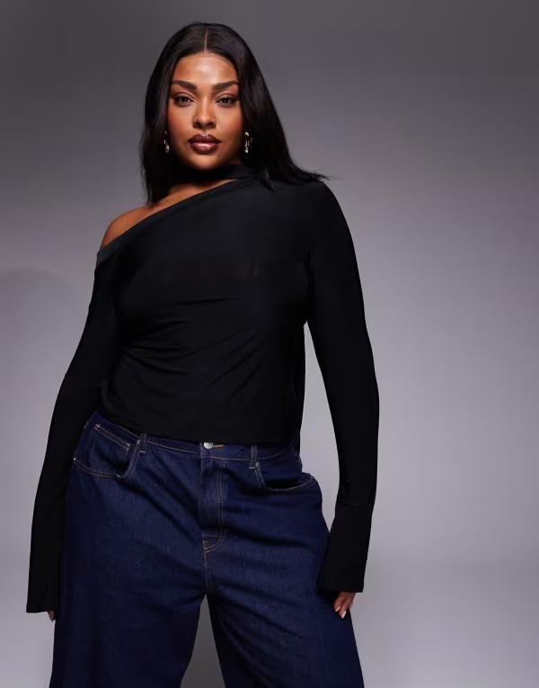 エイソス レディース トップス プルオーバー ASOS Curve ASOS DESIGN Curve slinky scarf neck off shoulder top Black 黒いこと