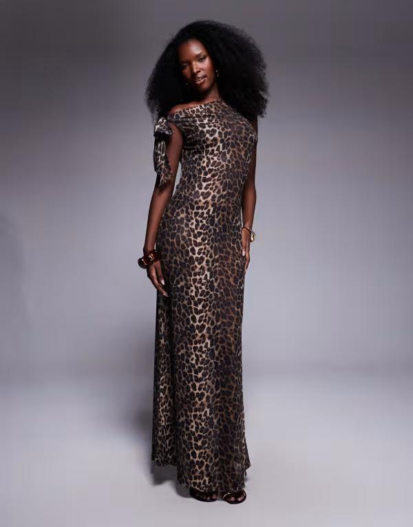 サウスビーチ レディース トップス ワンピース プリント メッシュ マキシ South Beach mesh maxi beach dress in leopard print BROWN ブラウン