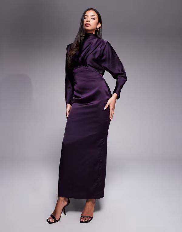 ティエフエヌシー レディース トップス ワンピース ハイネック サテン マキシ TFNC Ziya satin high neck foldover detail maxi dress in plum Purple パープル