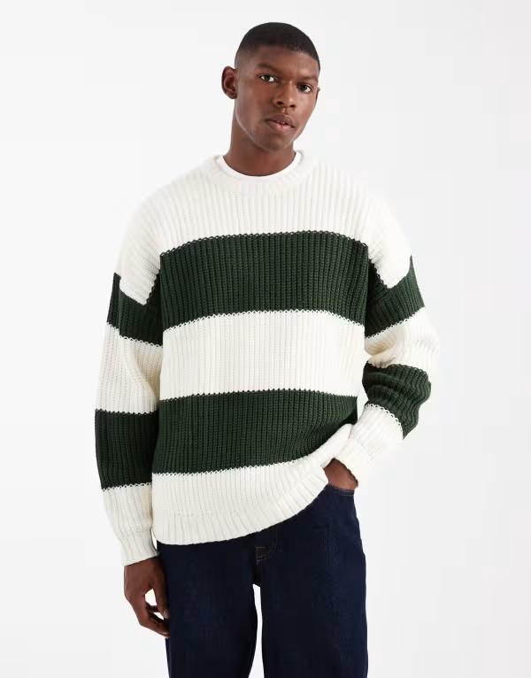 エイソス メンズ アウター ニット・セーター クルーネック ASOS DESIGN oversized knit crew neck sweater and ecru stripes Green/Ecru エクリュ