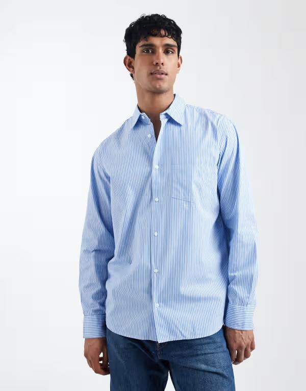 万力 アンド ジョーンズ メンズ トップス プルオーバー Jack \u0026 Jones oversized poplin long sleeve shirt stripe Cashmere Blue 青色