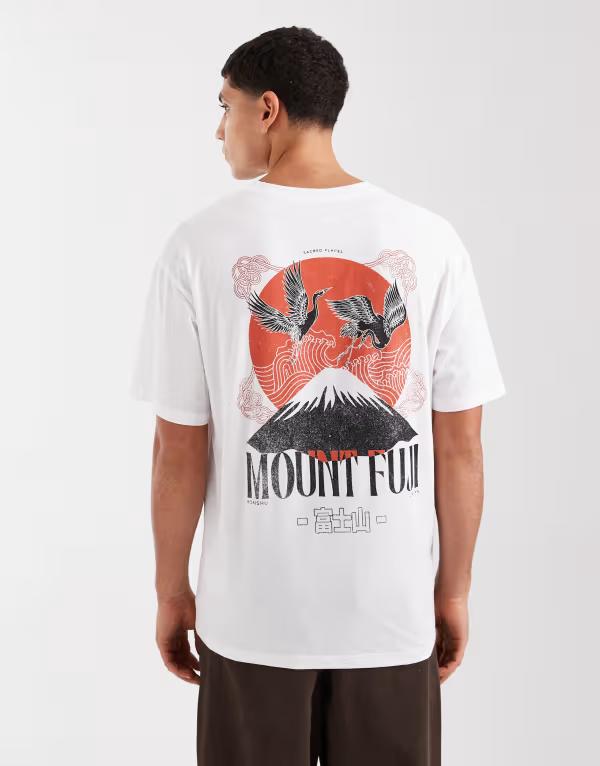 ジャック アンド ジョーンズ メンズ トップス Tシャツ プリント Jack & Jones Mount Fuji back print-shirt and orange Bright White ホワイト｜ReVida 店