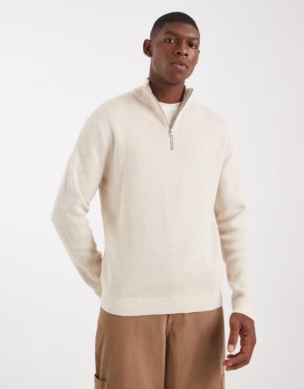 オンリーアンドサンズ メンズ アウター ニット・セーター ハーフジップ ONLY & SONS half zip knit sweater in cream Gardenia クリーム
