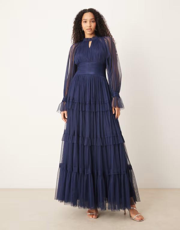 レース アンド ビーズ レディース トップス ワンピース チュール ティアード シアー マキシ Lace & Beads Rosalia tulle sheer bell sleeve tiered maxi dress Navy ネイビー