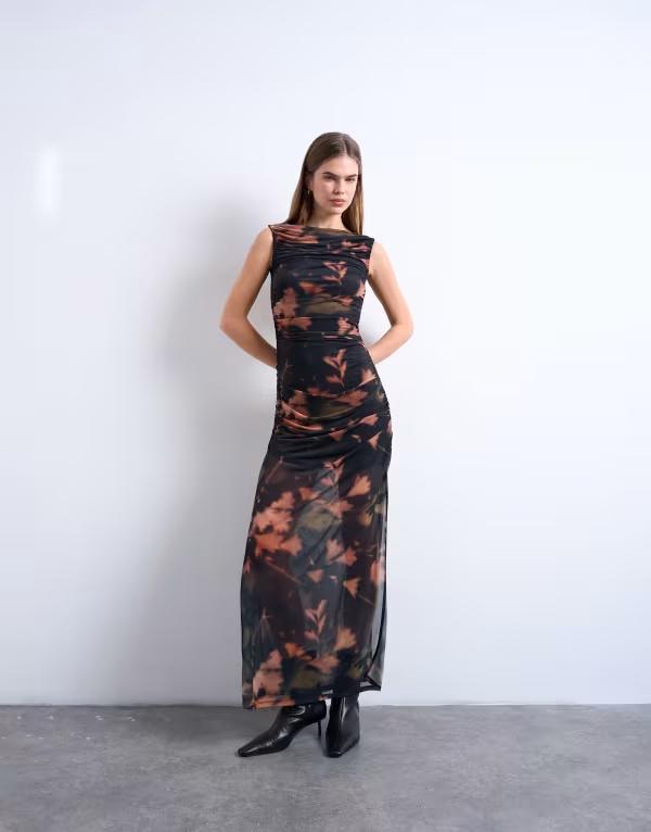 とっ始め販売店 レディース トップス 衣装 お花柄 刷り上げる ギャザー メッシュ マキシ お花 Topshop mesh floral print ruched maxi dress Black 黒いこと レディースファッション-ワンピース
