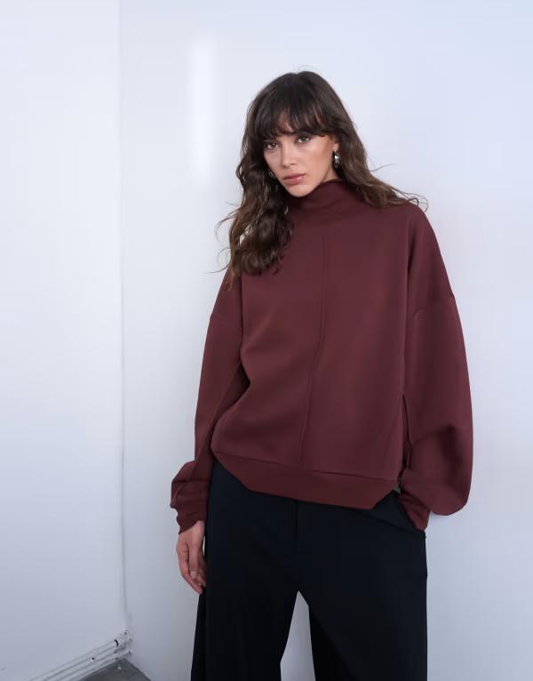 トップショップ レディース アウター パーカー・スウェット スタンドネック シャツ Topshop funnel neck seam detail sweatshirt in chocolate チョコレート|ReVida 店