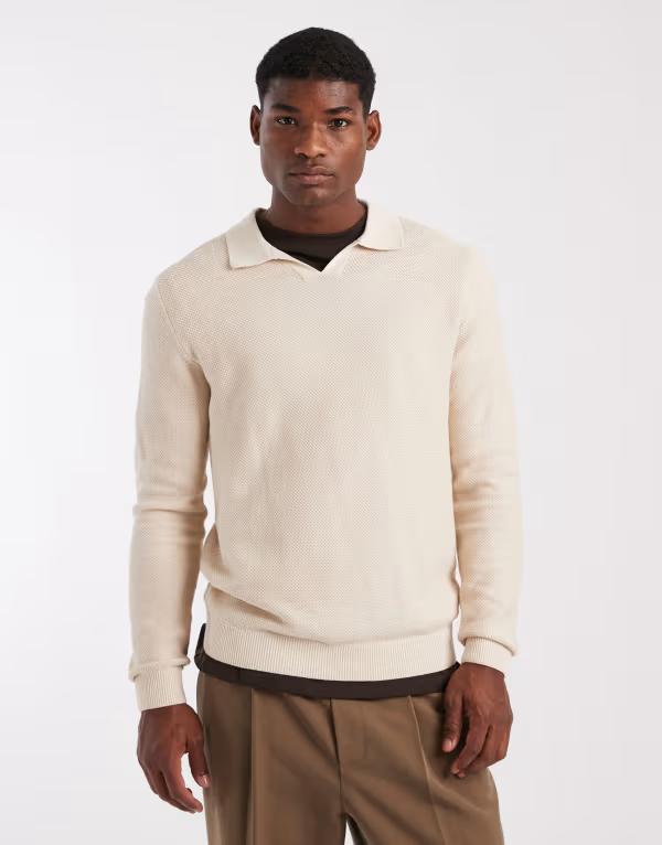 ジャック アンド ジョーンズ メンズ アウター ニット・セーター ポロシャツ Jack & Jones premium knit long sleeve polo in cream Silver Lining シルバー