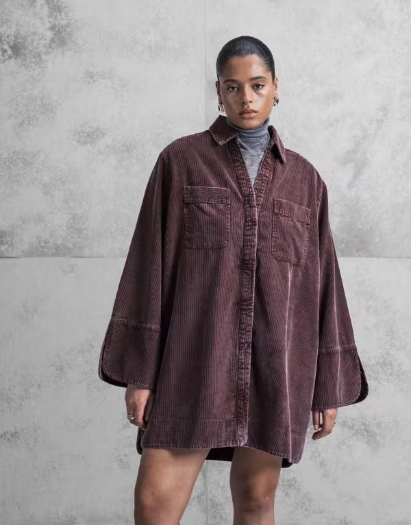 エイソス レディース トップス 衣装 ミニ プルオーバー ASOS Curve ASOS DESIGN Curve cord mini shirt dress with wide cuffs and oversized pockets インチ mulberry