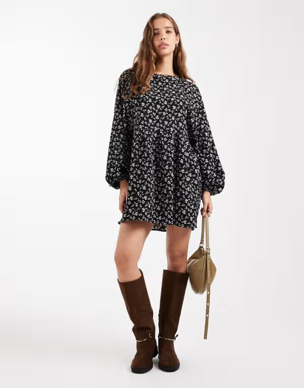 デイジーストリート レディース トップス 衣装 お花柄 ミニ お花 Daisy Street long sleeve smock mini dress ditsy floral Black floral 黒いこと ワンピース-レディースファッション
