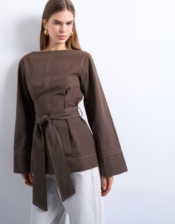トップショップ レディース トップス タンクトップ コントラスト Topshop long sleeve tie waistop with contrastichocolate チョコレート 14,585円
