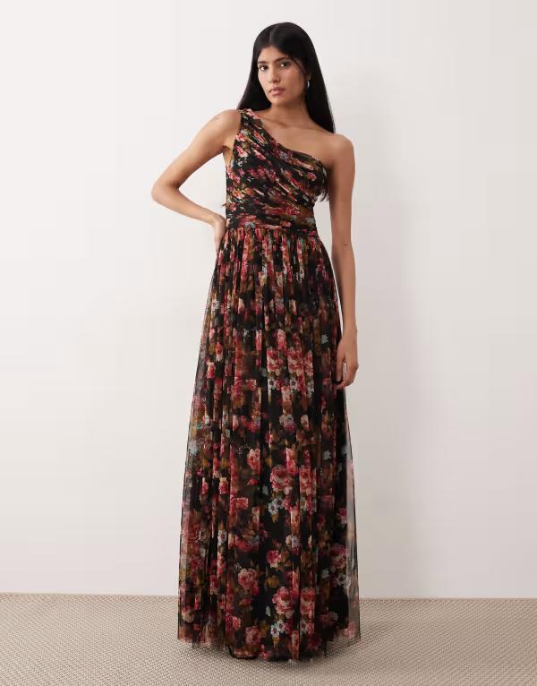 レース アンド ビーズ レディース トップス ワンピース チュール フラワー柄 プリント マキシ フラワー Lace & Beads Bridesmaid tulle one shoulder maxi dress floral print Black Floral Print ブラック