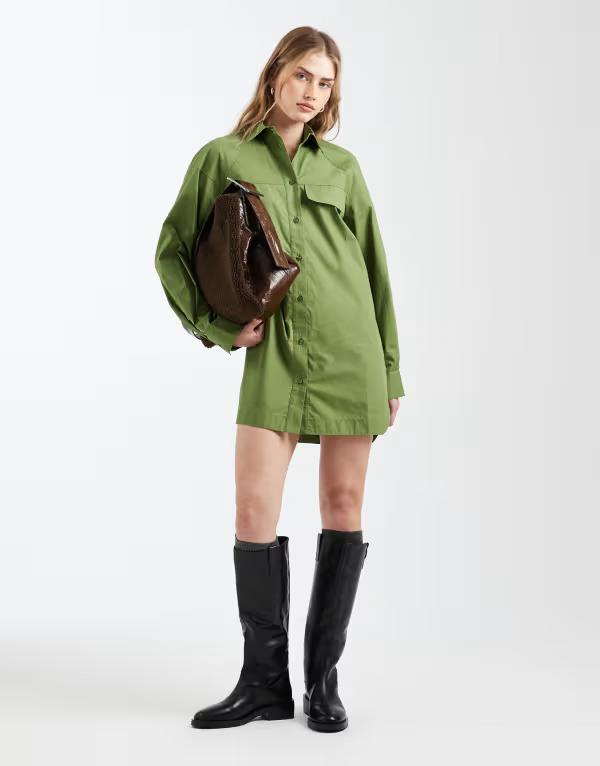 エイソス レディース トップス 衣装 ミニ プルオーバー ASOS DESIGN long sleeve mini shirt dress with front pockets インチ olive Green 緑であること