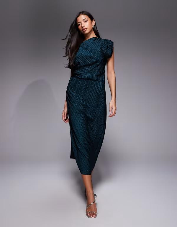 エイソス レディース トップス ワンピース ギャザー マキシ ASOS DESIGN plisse ruched side maxi dress in emerald エメラルド
