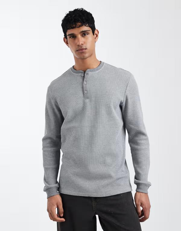 オンリーアンドサンズ メンズ トップス Tシャツ ONLY & SONS long sleeve henley T-shirt in light gray waffle Light Gray Melange グレー