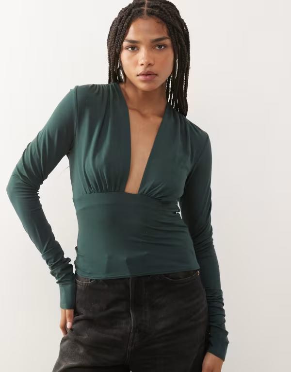 ウィークデイ レディース トップス Tシャツ ホルター Weekday deep halter neck long sleeve top in petrol green - exclusive to ASOS Green グリーン