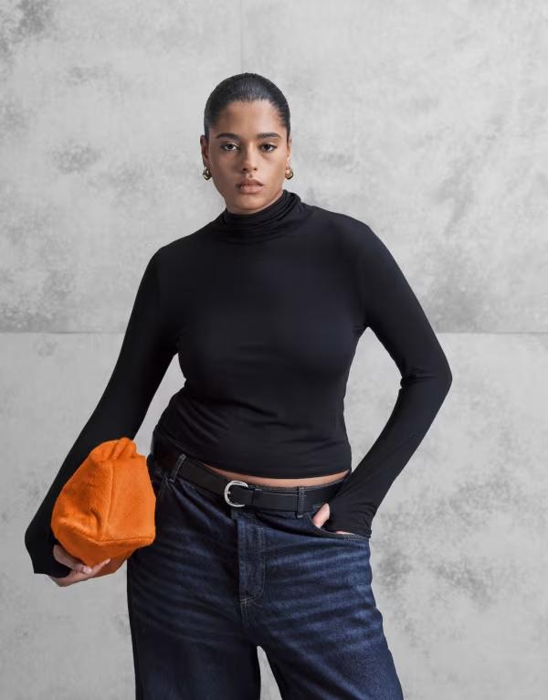 エイソス レディース トップス Tシャツ セミシアー スタンドネック シアー ASOS Curve ASOS DESIGN Curve funnel neck semi sheer long sleeve top Black ブラック