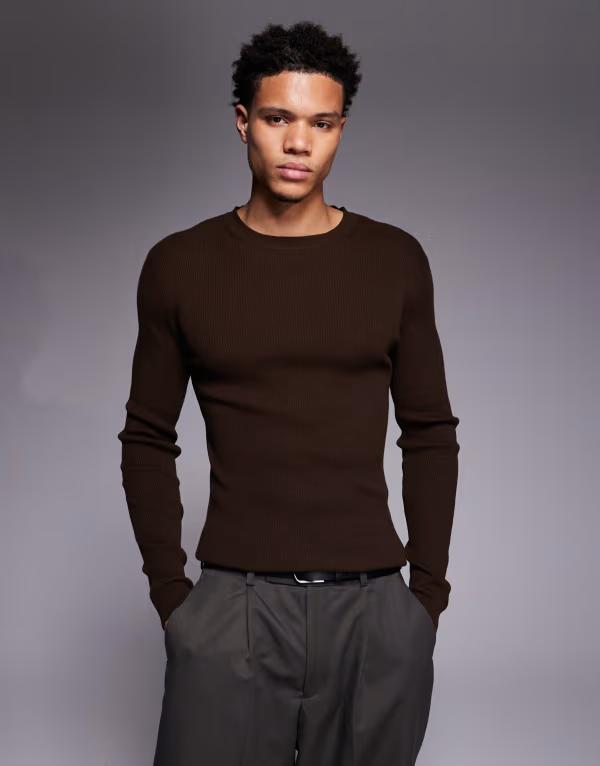 エイソス メンズ トップス Tシャツ コットン ASOS DESIGN muscle fit long sleeve micro rib T-shirt cotton blend BROWN ブラウン