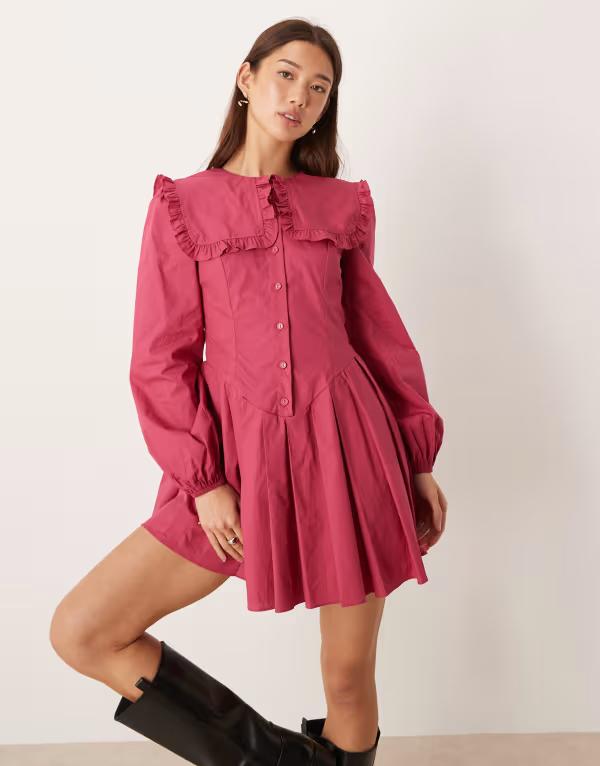 グラマラス レディース トップス ワンピース ミニ Glamorous long sleeve dramaticollar mini dress in berry