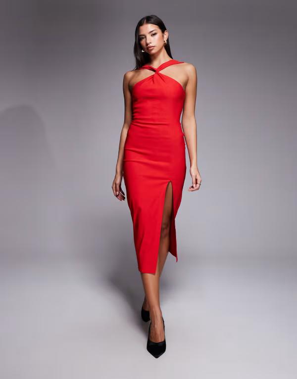 ベスパー レディース トップス 衣装 ホルター Vesper bengaline twist front halter neck side split midaxi dress RED 赤いこと