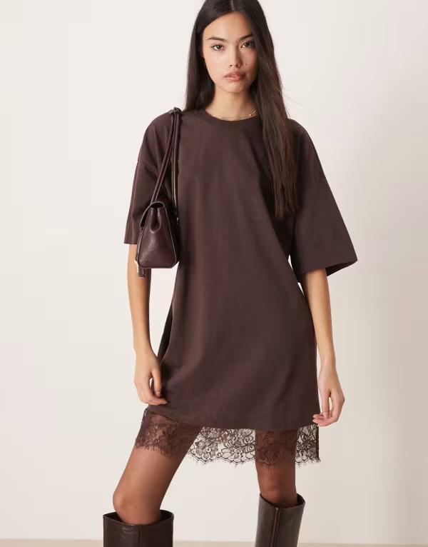 エイソス レディース トップス ワンピース ミニ レース ASOS DESIGN oversized mini dress with lace hem trim in chocolate BROWN ブラウン