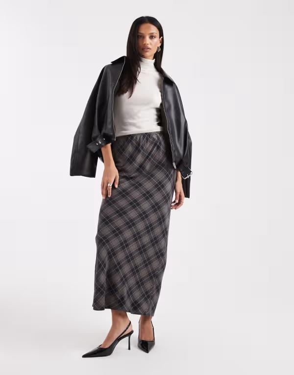 エイソス レディース 下つ方スコート マキシ ASOS DESIGN bias maxi skirt brushed plaid Brown Check 赤銅色 スカート-ボトムス-レディースファッション