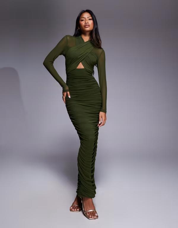 バードット レディース トップス ワンピース メッシュ ミディ Bardot Aliyah wrap mesh midi dress in dark Khaki カーキ