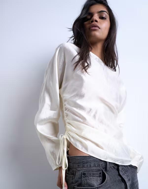 トップショップ レディース トップス シャツ ギャザー Topshop long sleeve ruched side top White ホワイト|ReVida 店
