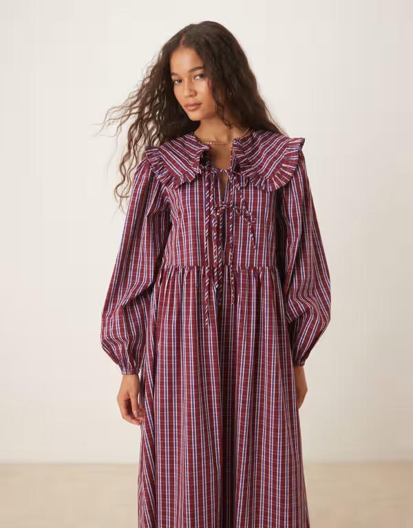 グラマラス レディース トップス ワンピース Glamorous tie front smock midaxi dress with dramaticollar blue plaid RED BLUE PLAID ブルー