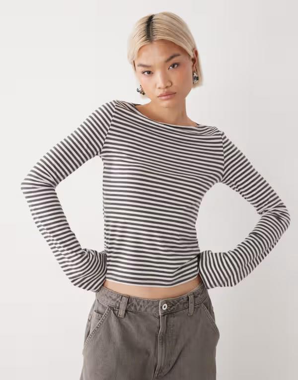 ウィークデイ レディース トップス Tシャツ Weekday Annie super soft boat neck long sleeve top in off-white & mole stripes Off-white & mole オフホワイト