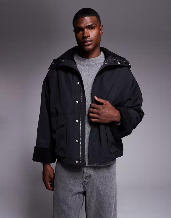 エイソス メンズ アウター ジャケット・ブルゾン ASOS DESIGN oversized padded jacket with teddy lining Black ブラック