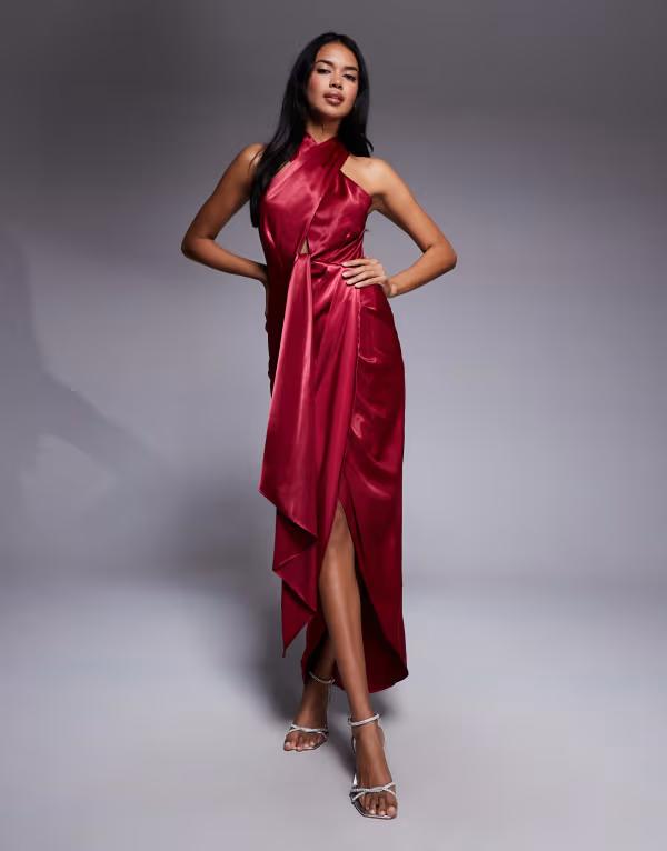 ティエフエヌシー レディース トップス ワンピース サテン スカート ホルター TFNC halter neck dress with wrap skirt satin RED レッド