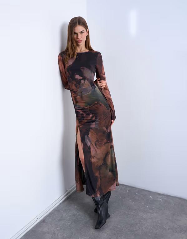 トップショップ レディース トップス ワンピース プリント メッシュ マキシ Topshop mesh maxi blurred abstract print long sleeve dress in multi マルチカラー