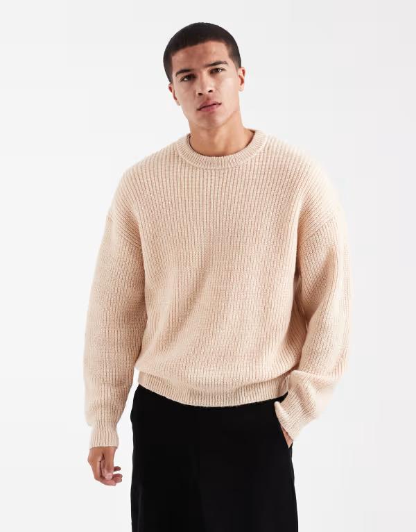 コットンオン メンズ アウター ニット・セーター Cotton box fit fuzzy crew knit sweater in stone ストーン