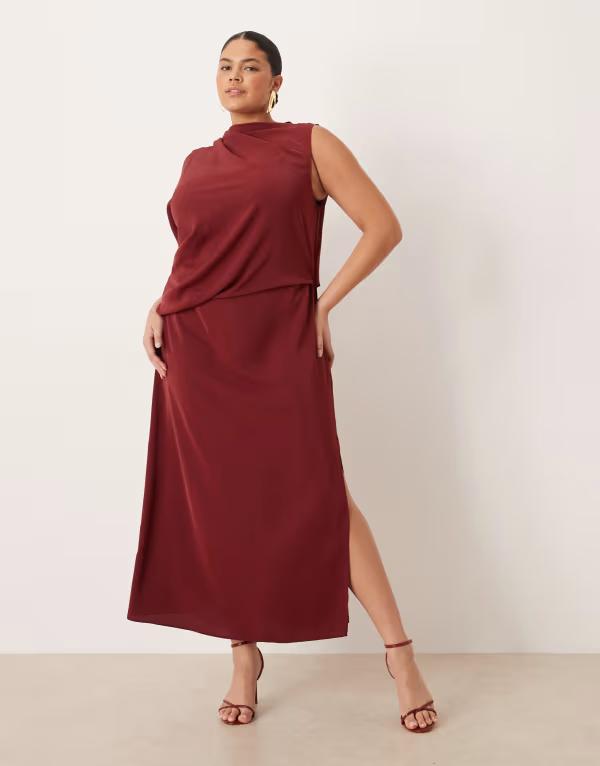 エイソス レディース トップス 衣装 ドレープ ASOS Curve ASOS DESIGN Curve draped one-sleeve slinky dress Burgundy バーガンディ